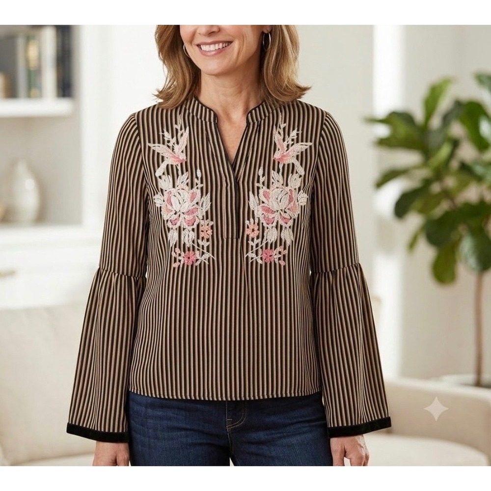 THML Striped Embroidered Bell Sleeve Blouse Black Tan Small WCT039-1-BK